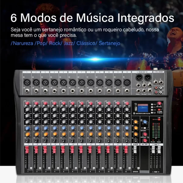 Mesa Mixer Profissional com 12 Canais, Interface de Áudio USB Console de Mistura de Som com entrada p/ Cartão SD - Image 3