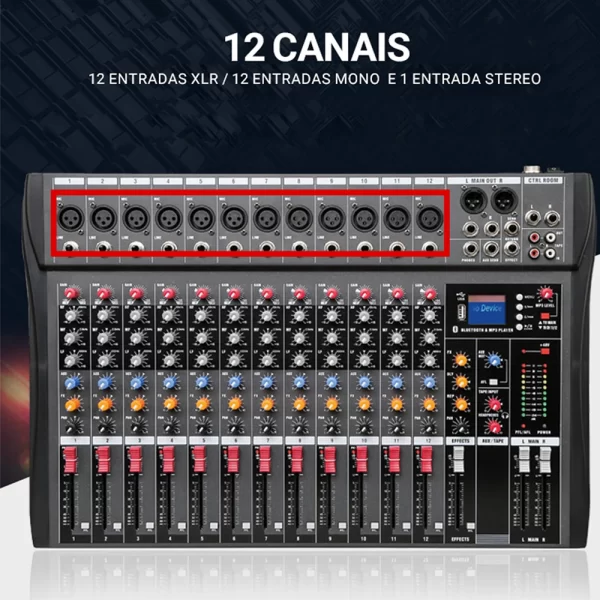 Mesa Mixer Profissional com 12 Canais, Interface de Áudio USB Console de Mistura de Som com entrada p/ Cartão SD - Image 5